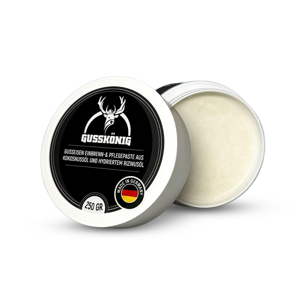 GUSSKÖNIG Pflege- & Einbrennpaste für Dutch Oven, Pfannen & Grill | 100% Natürliche Pflege mit Bienenwachs & Kokosöl | Schutz & Patinaaufbau für Gusseisen | 50 ml Dose