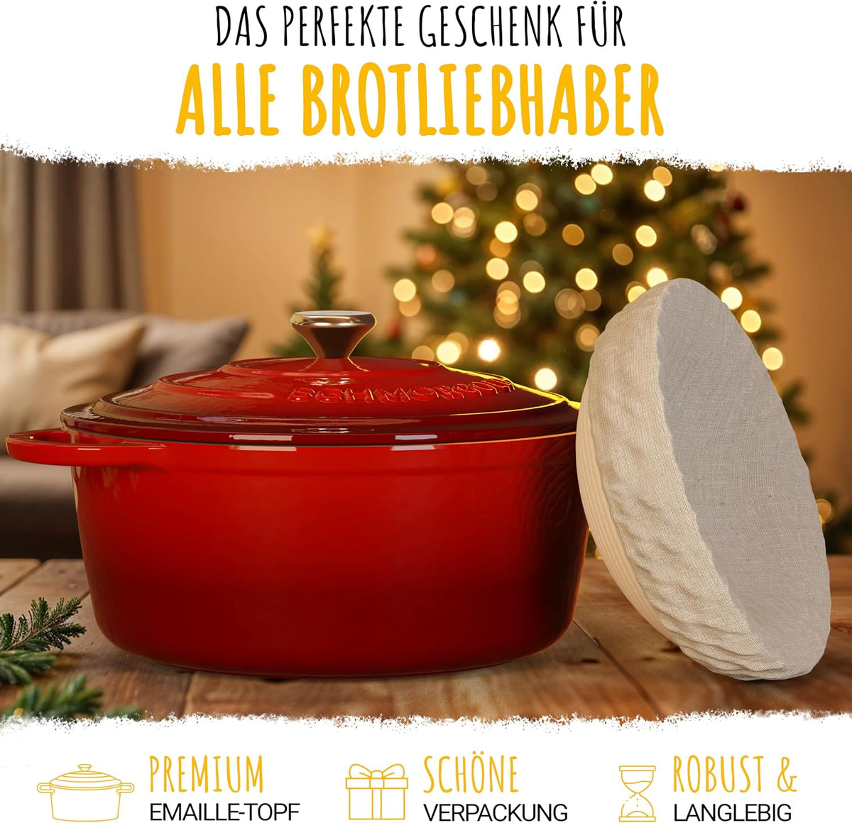 Susani SCHMORGOLD Brotbackform 26cm inkl. Gärkorb - Gusseisen Topf zum Brot Backen - emaille Topf, Schmortopf Gusseisen, Brottopf, Brot Backen Zubehör