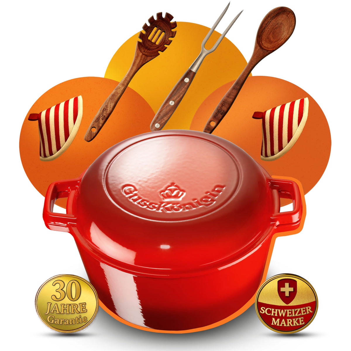 Bräter Gusseisen 34cm (XL)– Gusseisen-Topf & Schmortopf mit Deckel/Cocotte– Bräter & Schmortöpfe, Bräter mit Deckel backofengeeignet für Induktion & Ofen– inkl. Zubehör -30 jahr garantie