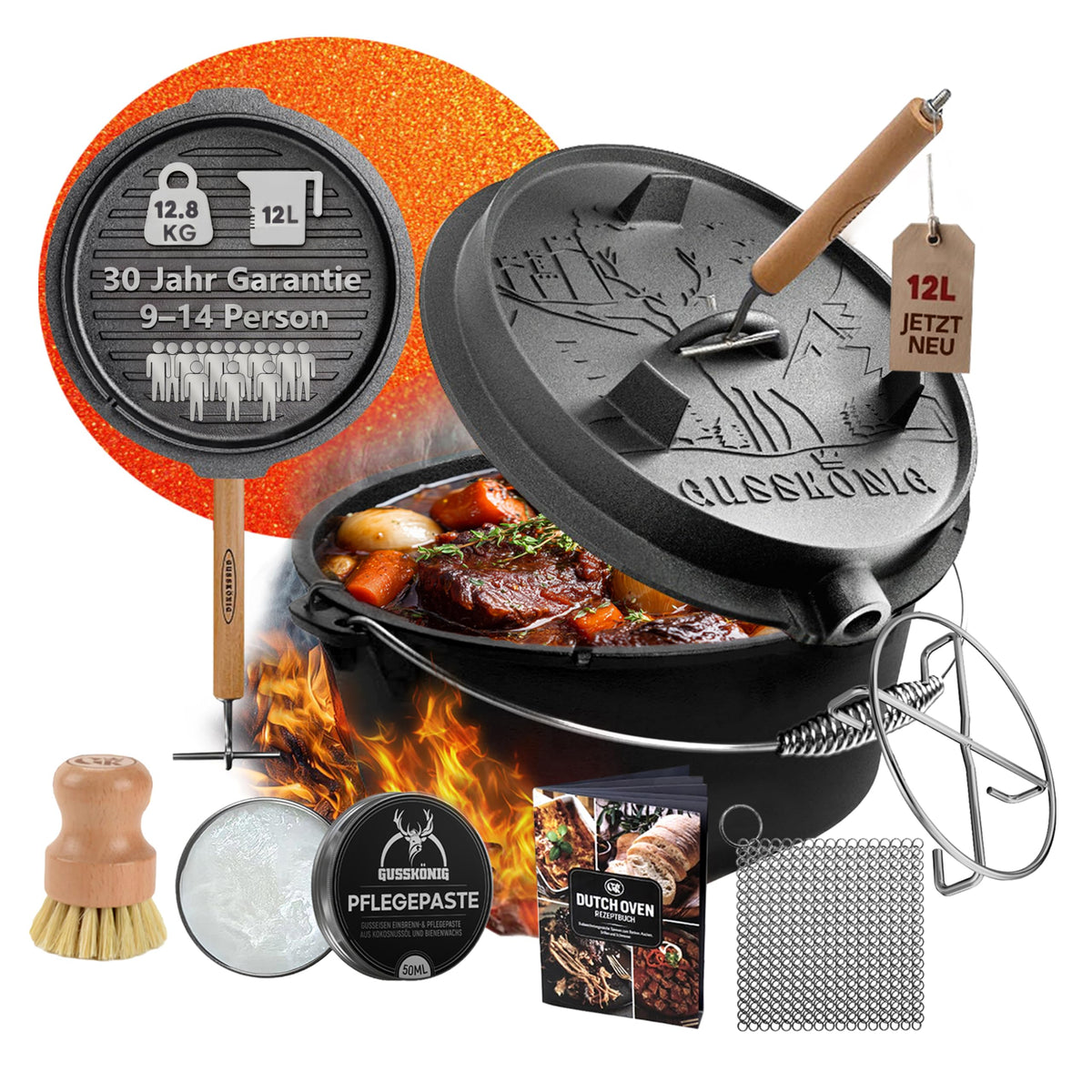 GUSSKÖNIG Premium 2in1 Dutch Oven 12L Set-Feuertopf Gusseisen mit Füßen
