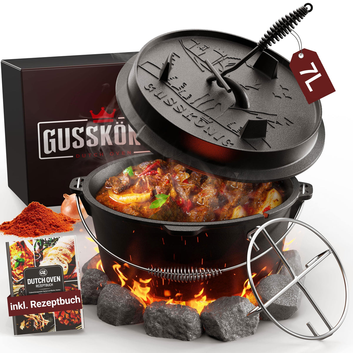 Rustikaler Dutch Oven mit Deckelheber und Untersetzer [5L, 7L, 9L, 12L]