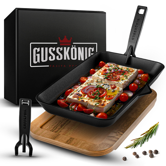 Gusseisen-Fajita-Pfanne mit Servierbrett – Grillpfanne mit abnehmbarem Griff