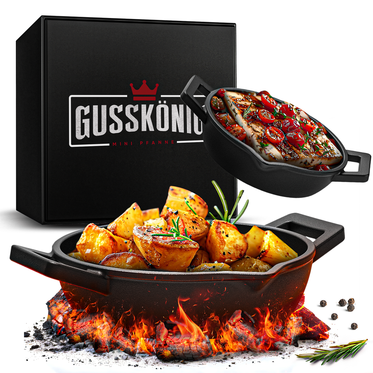 GUSSKÖNIG Gusseisen Grillpfännchen für Grill  - 2x kleine Pfanne