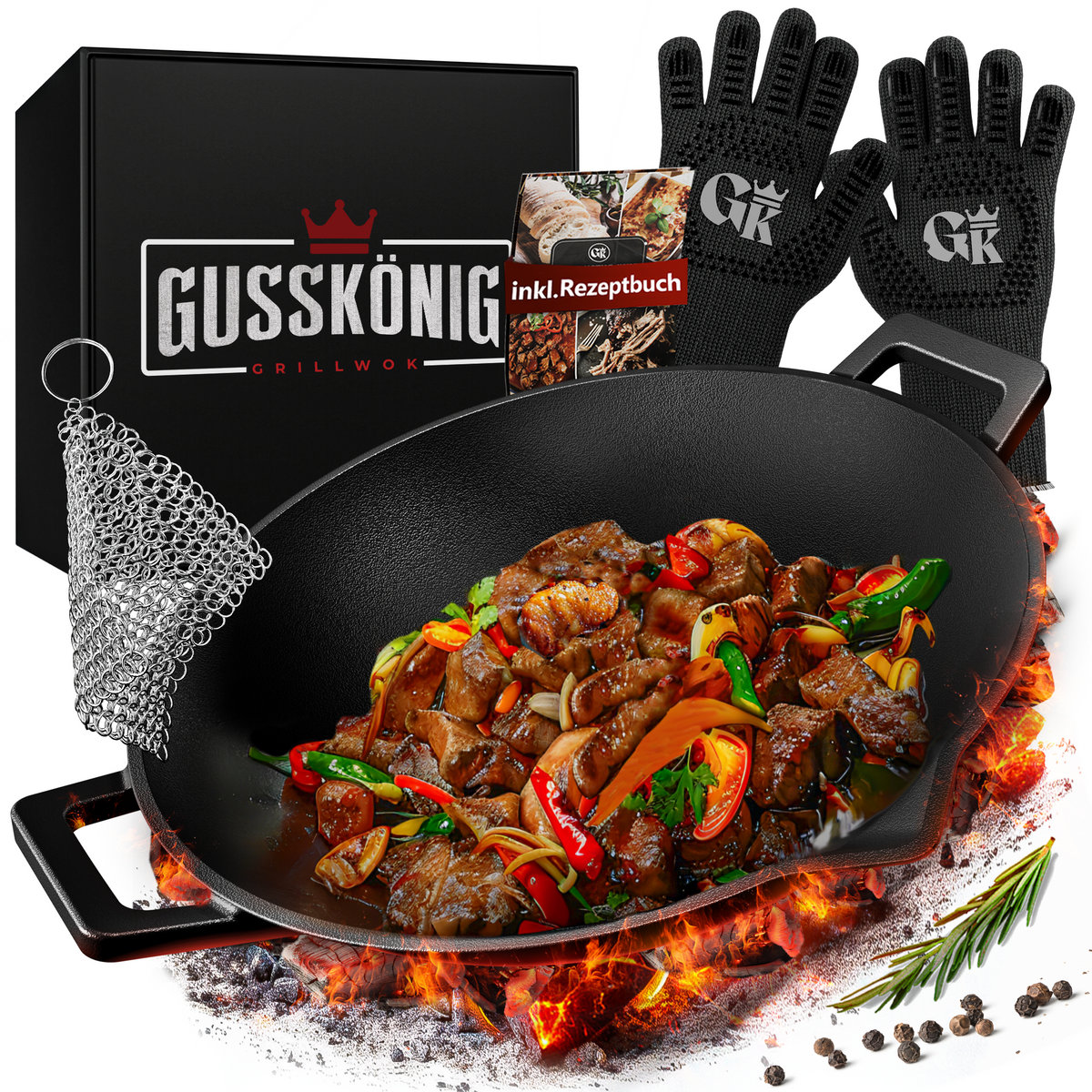 Gusseisen Wok Pfanne 36 cm - mit Grillhandschuhe