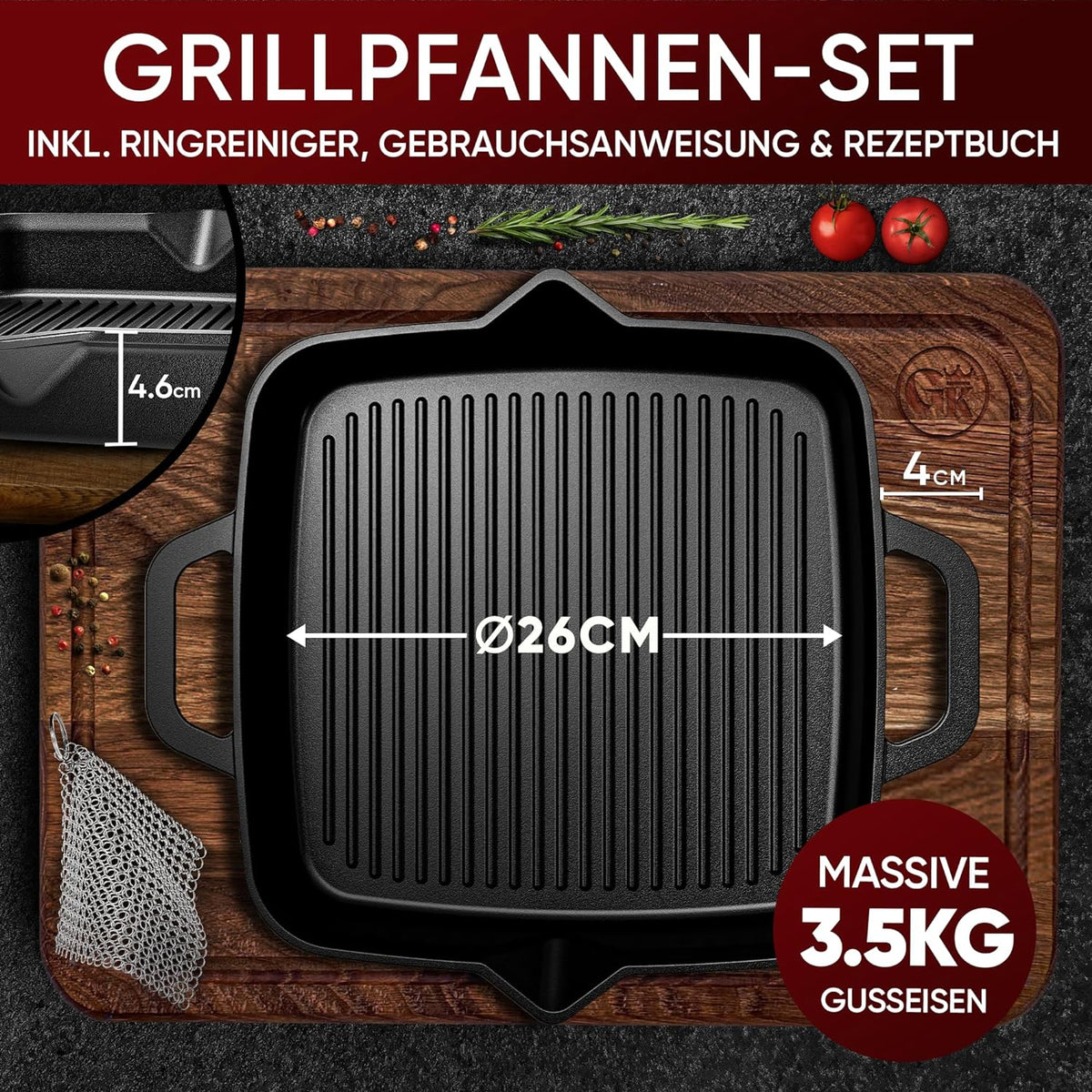 Grillpfanne mit Edelstahl Ringreiniger [26cm,30cm]