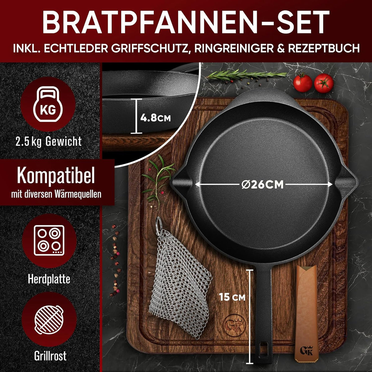 Bratpfanne mit Edelstahl Ringreiniger und Leder-Griffschutz [26cm,30cm]
