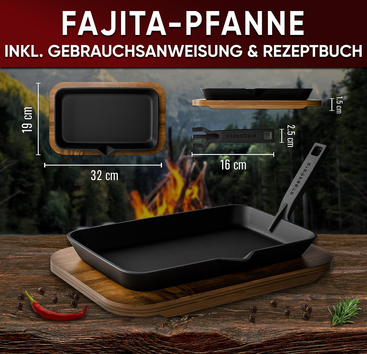 Gusseisen-Fajita-Pfanne mit Servierbrett – Grillpfanne mit abnehmbarem Griff