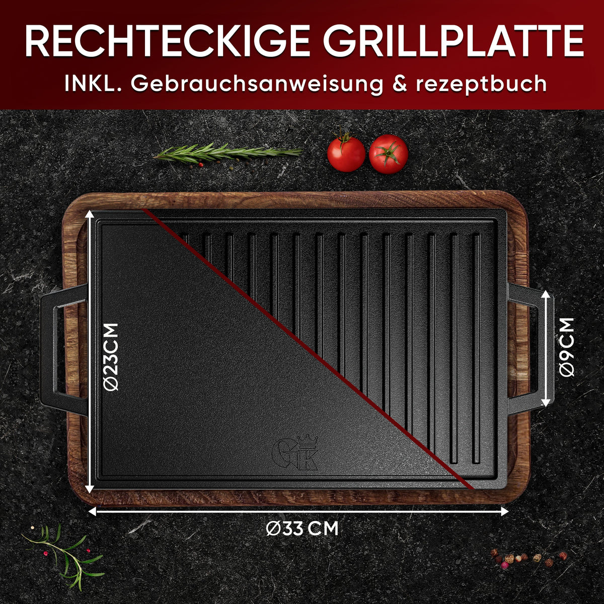 Rechteckige Gusseisen Grillplatte  (33 cm)
