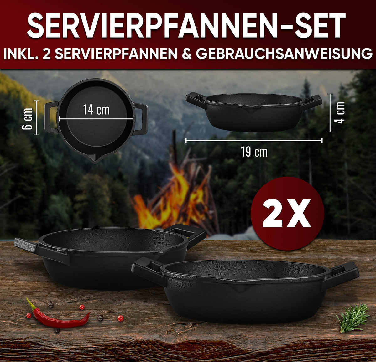 GUSSKÖNIG Gusseisen Grillpfännchen für Grill  - 2x kleine Pfanne