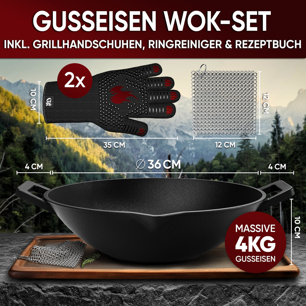 Gusseisen Wok Pfanne 36 cm - mit Grillhandschuhe