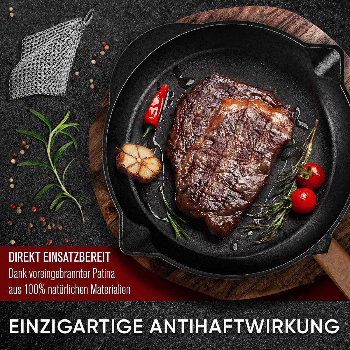 Bratpfanne mit Edelstahl Ringreiniger und Leder-Griffschutz [26cm,30cm]