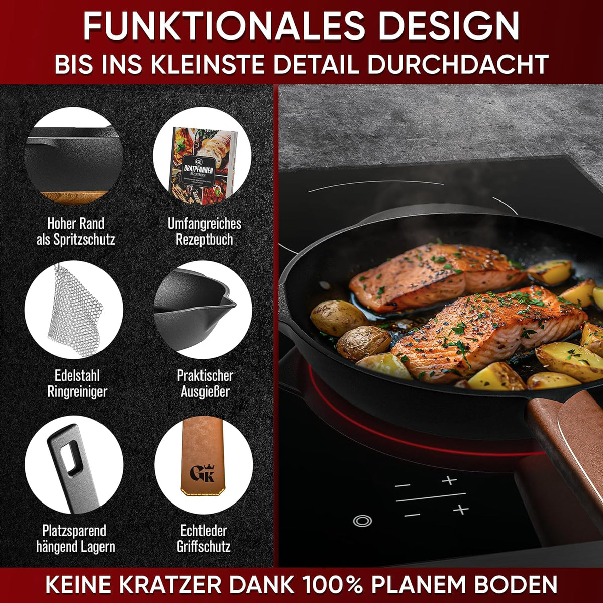 Bratpfanne mit Edelstahl Ringreiniger und Leder-Griffschutz [26cm,30cm]