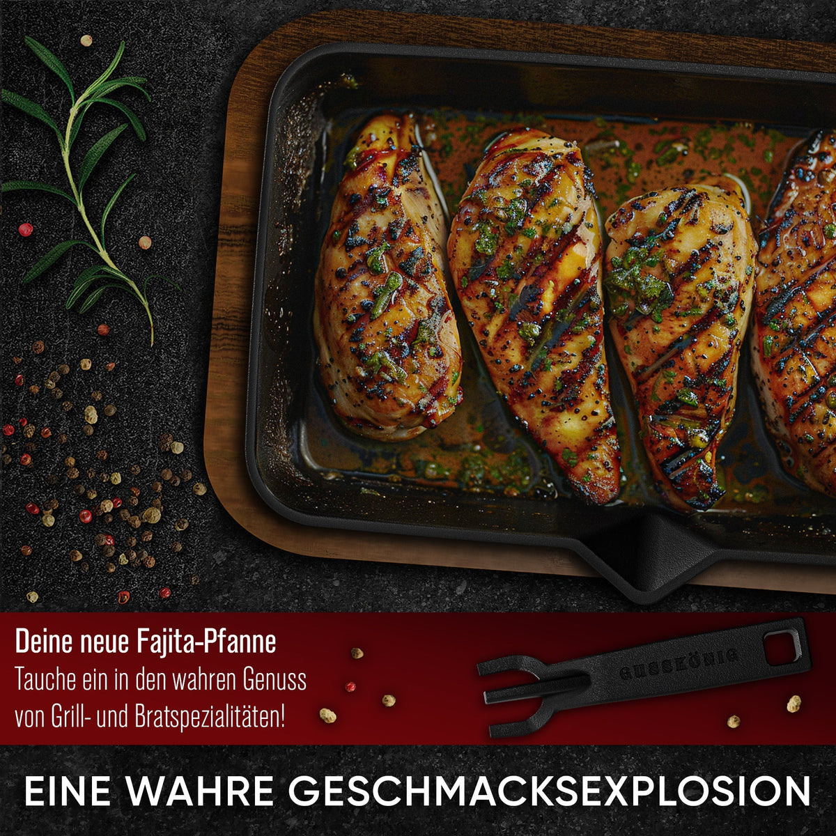 Gusseisen-Fajita-Pfanne mit Servierbrett – Grillpfanne mit abnehmbarem Griff