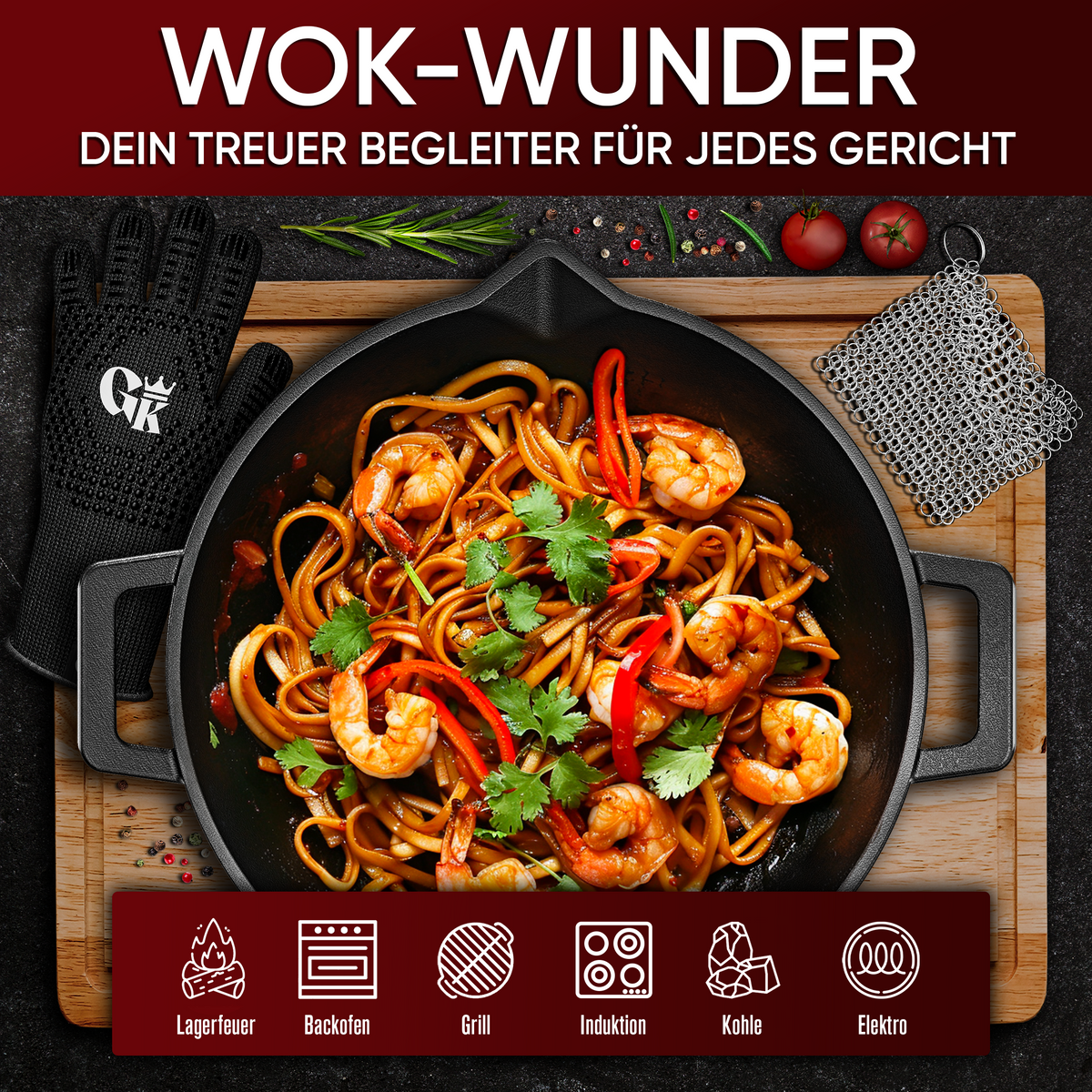 Gusseisen Wok Pfanne 36 cm - mit Grillhandschuhe