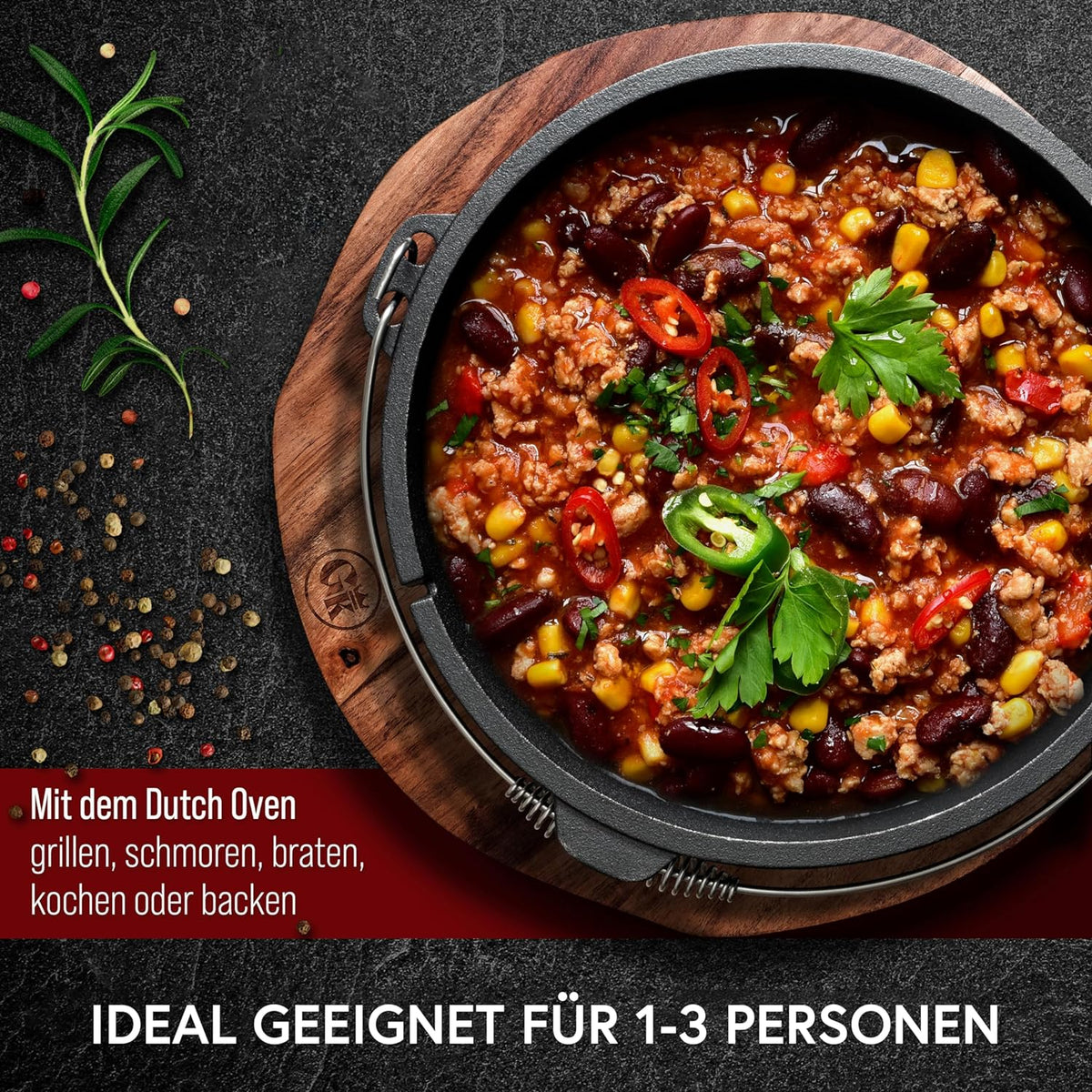 Rustikaler Dutch Oven mit Deckelheber und Untersetzer [5L, 7L, 9L, 12L]
