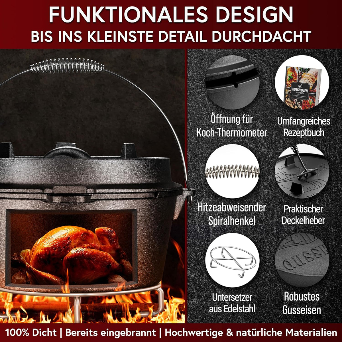 Rustikaler Dutch Oven mit Deckelheber und Untersetzer [5L, 7L, 9L, 12L]