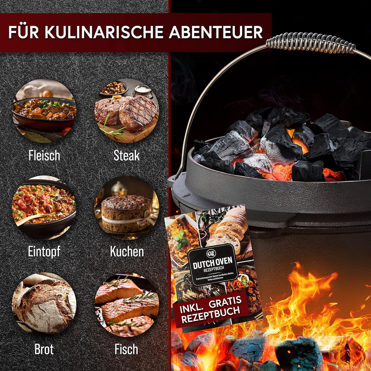 Rustikaler Dutch Oven mit Deckelheber und Untersetzer [5L, 7L, 9L, 12L]
