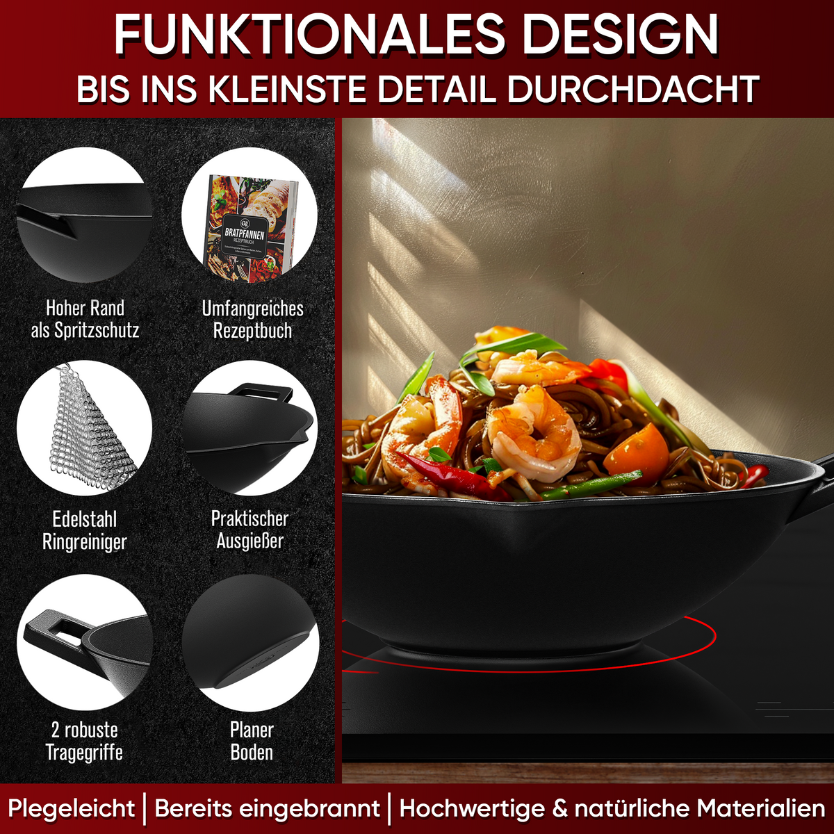 Gusskönig Gusseisen Wok Pfanne 35 cm