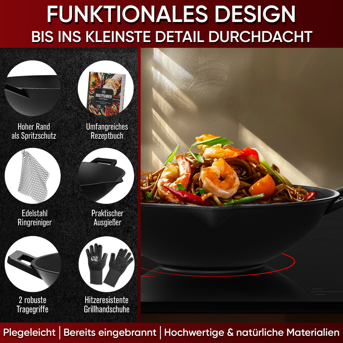 Gusseisen Wok Pfanne 36 cm - mit Grillhandschuhe