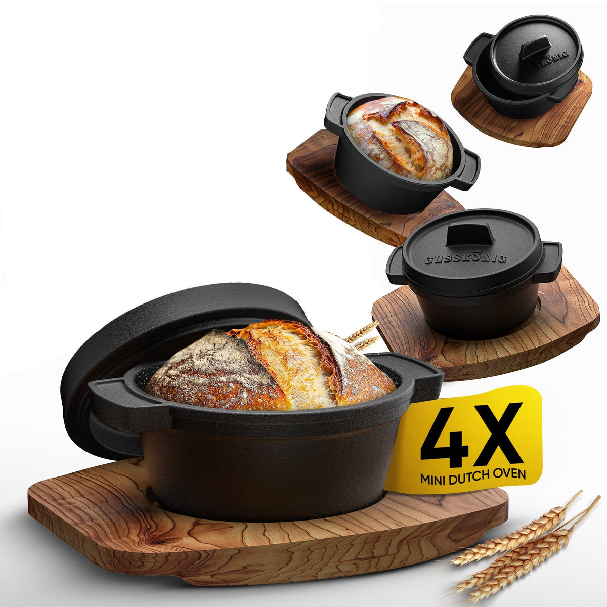 GUSSKÖNIG Mini Gusseisen Brotbackform Set – [6x, 4x] 300ml Brotbacktopf mit Deckel