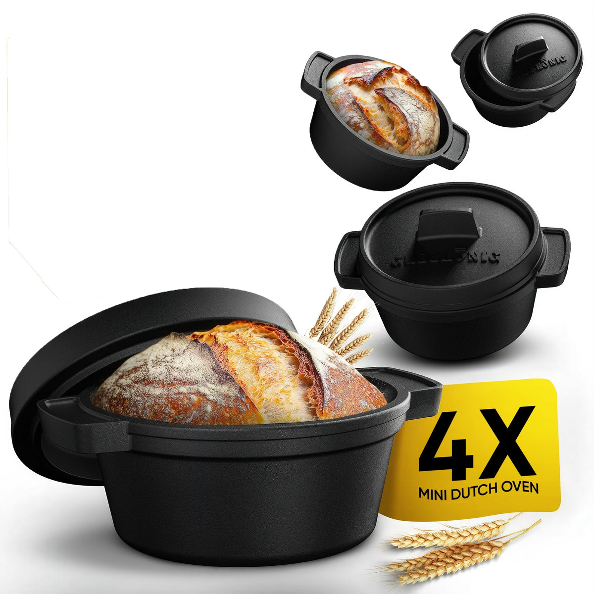 GUSSKÖNIG Mini Gusseisen Brotbackform Set – [6x, 4x] 300ml Brotbacktopf mit Deckel