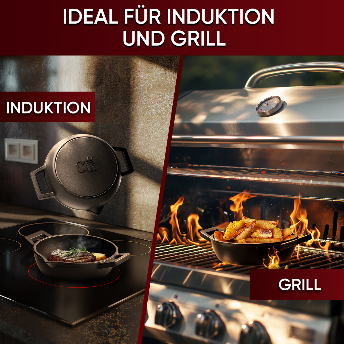 GUSSKÖNIG Gusseisen Grillpfännchen für Grill  - 2x kleine Pfanne