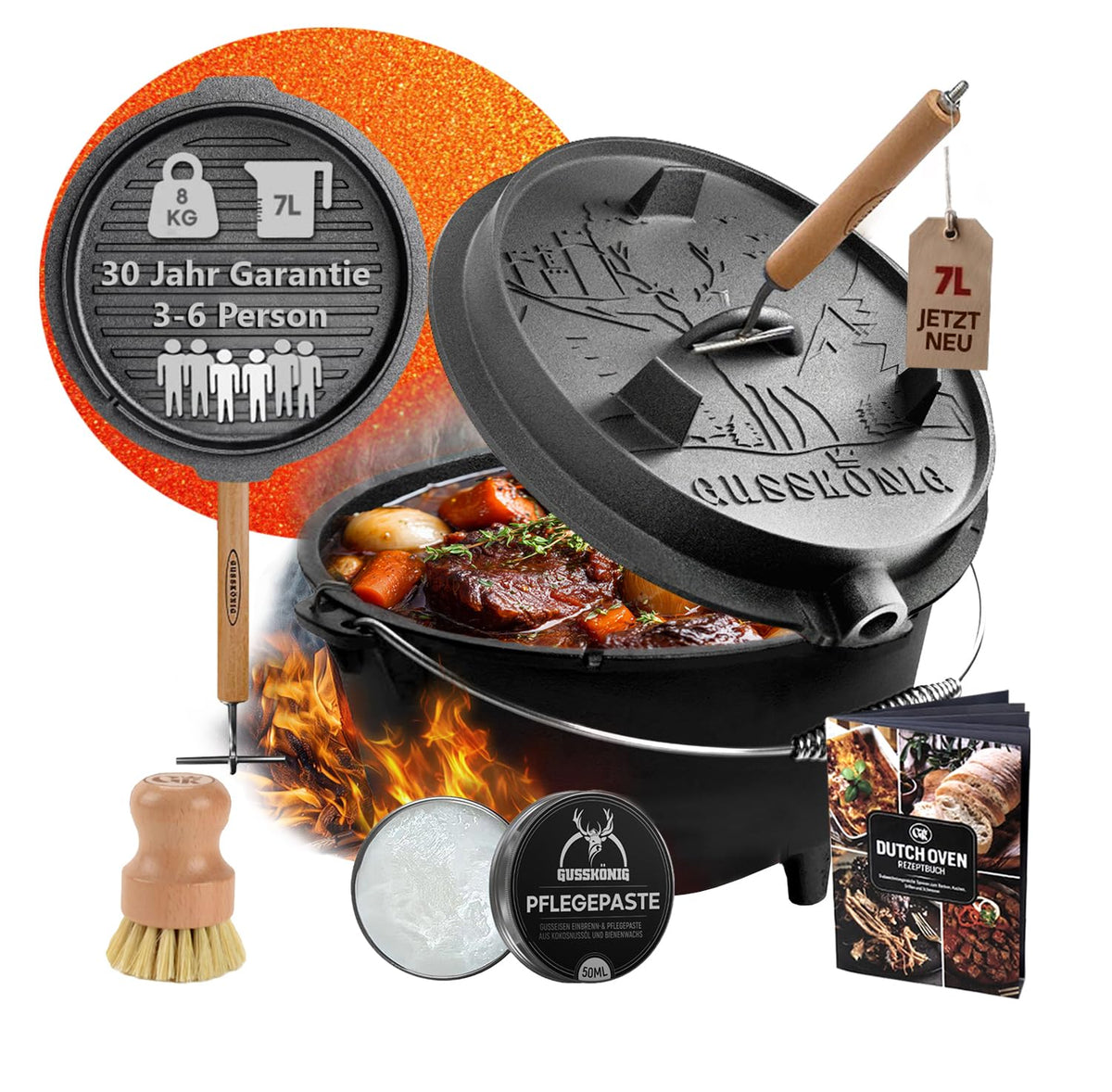 GUSSKÖNIG Premium 2in1 Dutch Oven 12L Set-Feuertopf Gusseisen mit Füßen