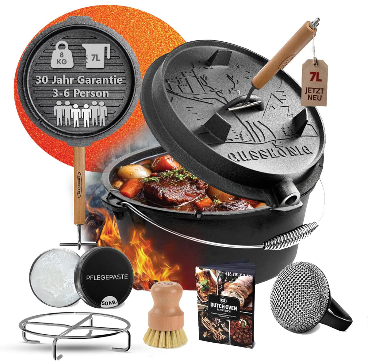 GUSSKÖNIG Premium 2in1 Dutch Oven 12L Set-Feuertopf Gusseisen mit Füßen