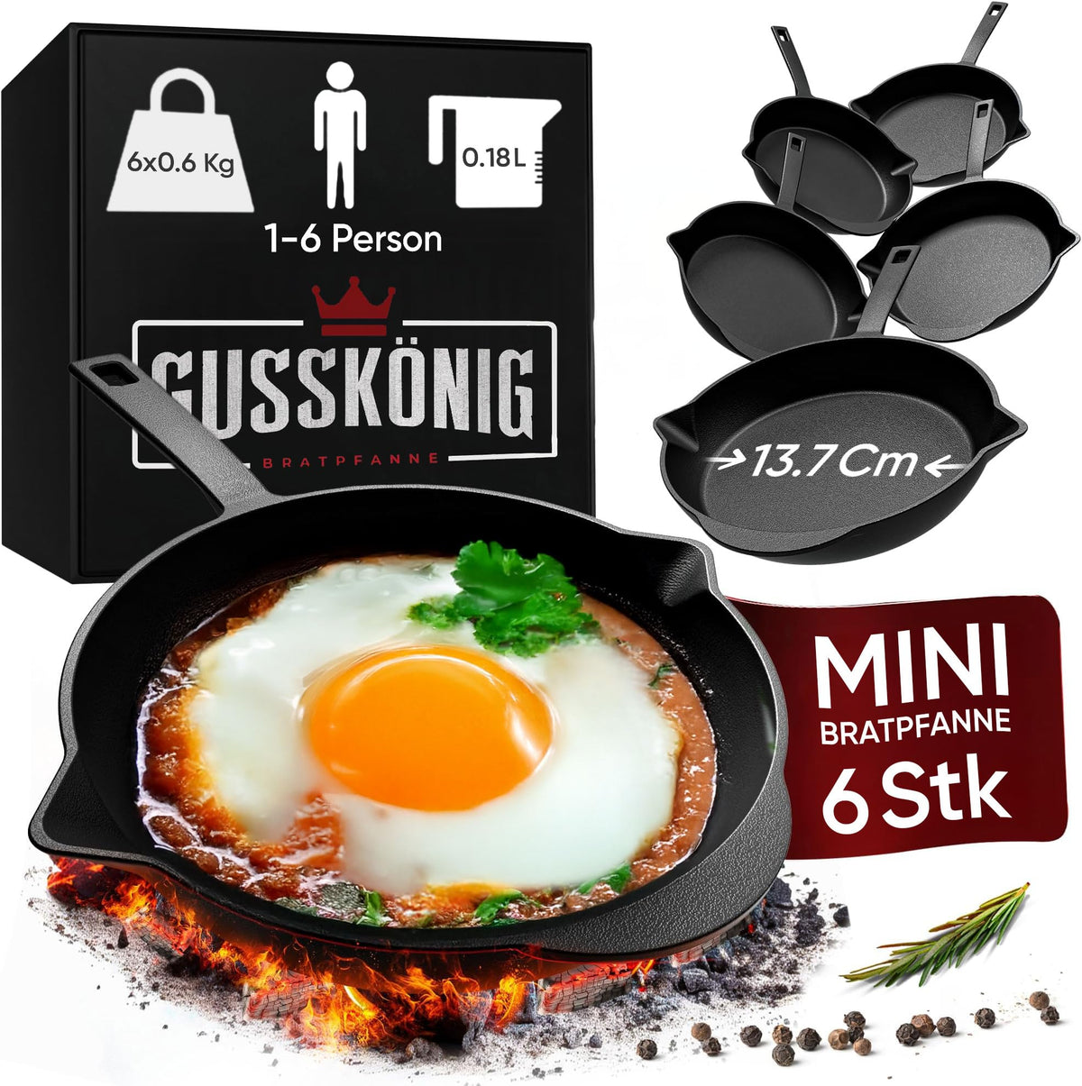GUSSKÖNIG Mini Servierpfannen Set – 6 ovale Gusseisen Grillpfännchen für den Grill – Gusseisenpfanne klein 11 × 19 cm – eingebrannte Mini Pfannen – 30 Jahre Garantie