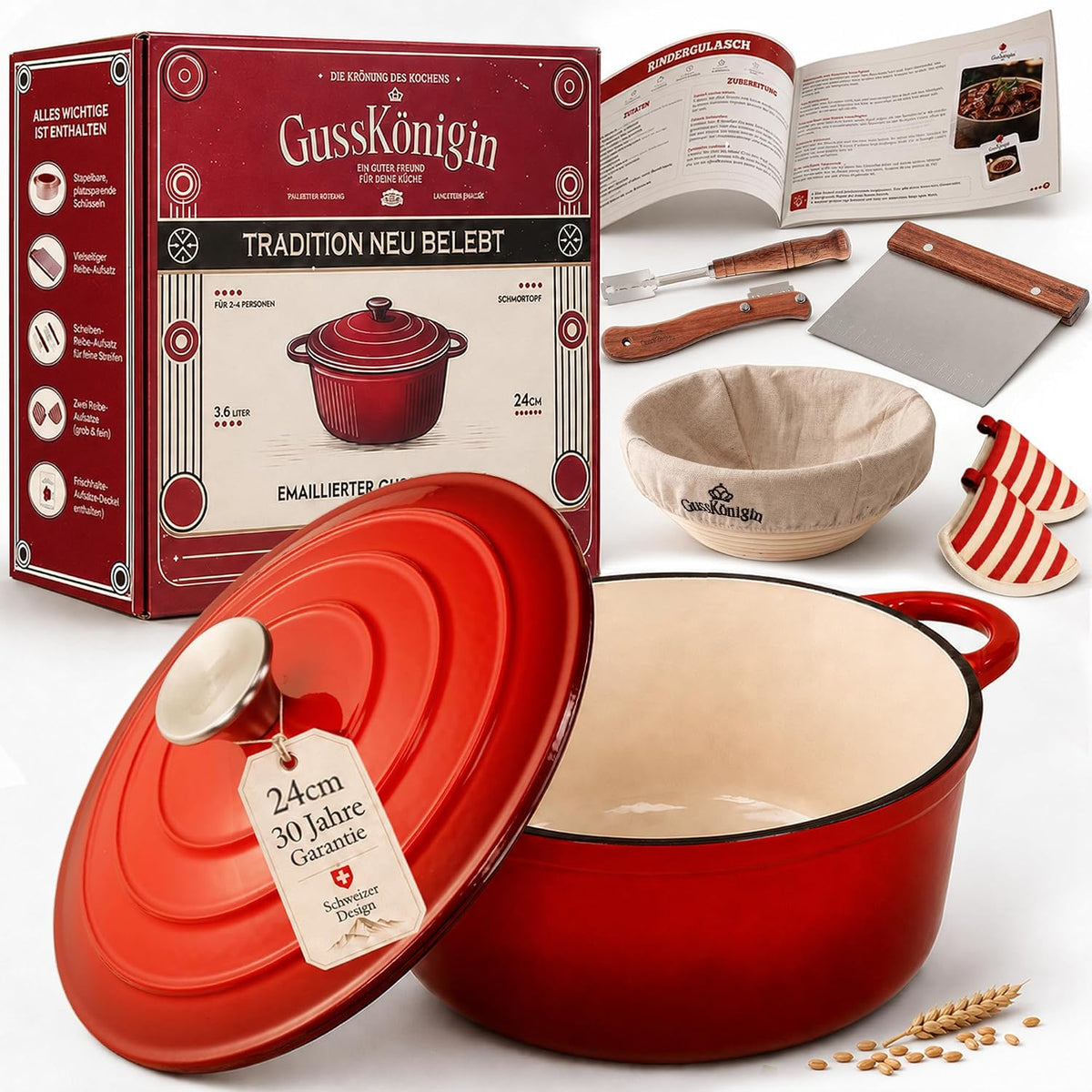 Brottopf 24 cm – Gusseisen Topf Brot Backen als Dutch Oven – Emaille Brotbacktopf & Brotbackform – Bratentopf/Schmortopf mit Deckel für Induktion – Gadgets für Bäcker - 30 Jahre Garantie