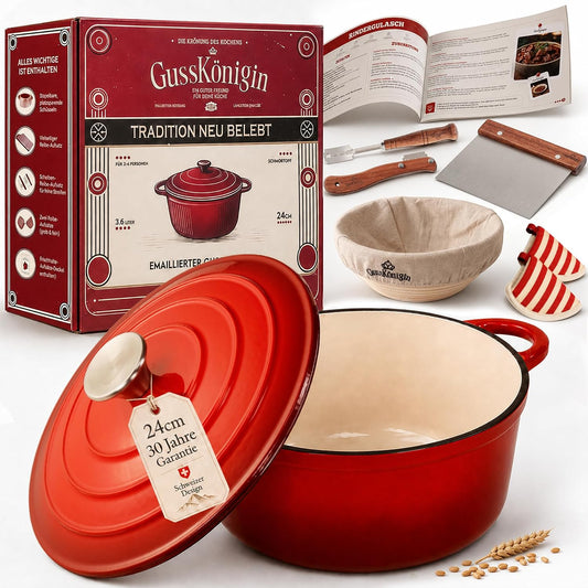 Brottopf 24 cm – Gusseisen Topf Brot Backen als Dutch Oven – Emaille Brotbacktopf & Brotbackform – Bratentopf/Schmortopf mit Deckel für Induktion – Gadgets für Bäcker - 30 Jahre Garantie