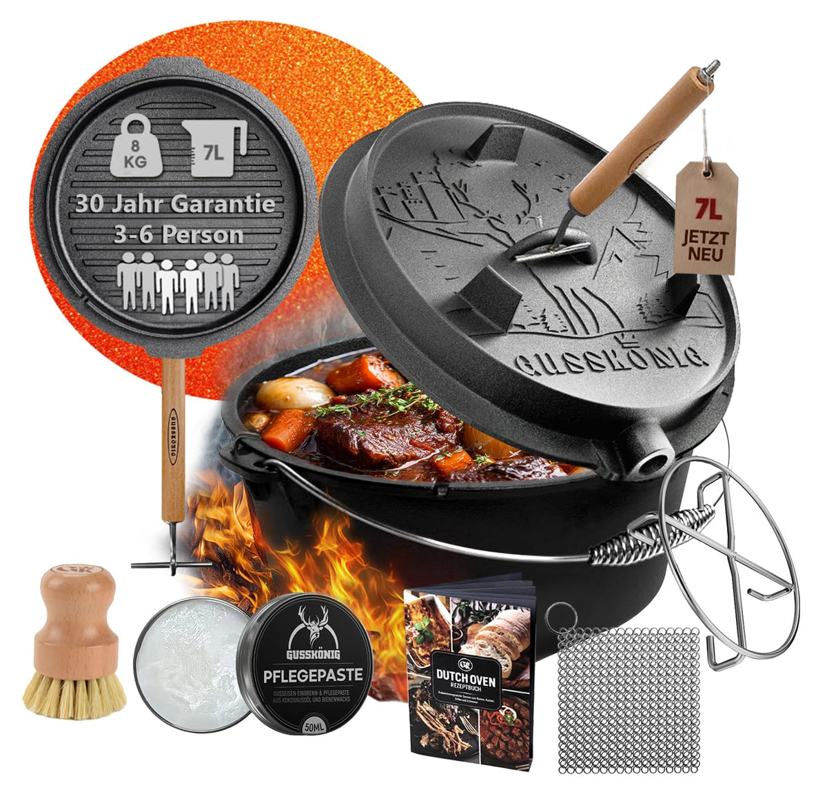 GUSSKÖNIG Premium 2in1 Dutch Oven 12L Set-Feuertopf Gusseisen mit Füßen