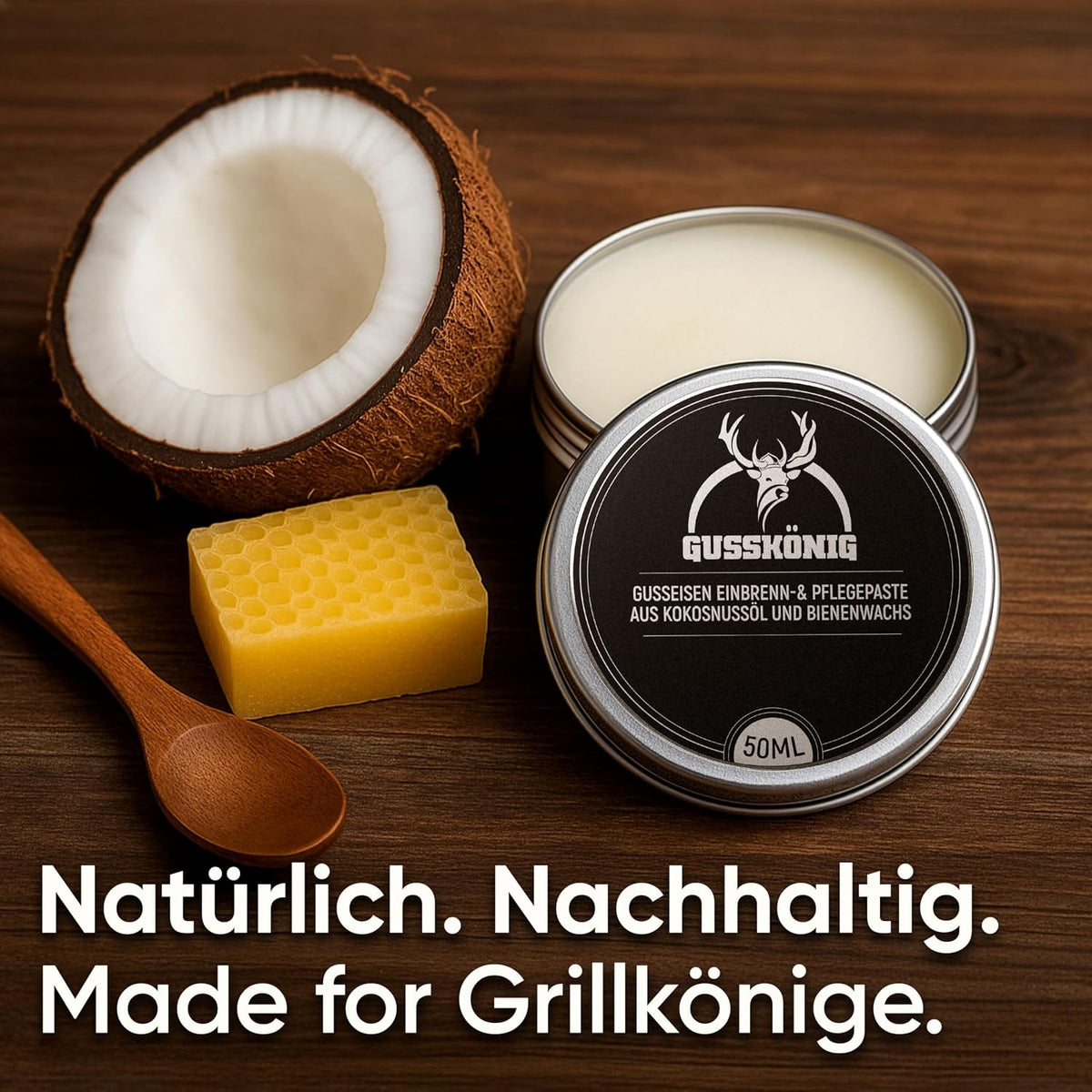GUSSKÖNIG Pflege- & Einbrennpaste für Dutch Oven, Pfannen & Grill | 100% Natürliche Pflege mit Bienenwachs & Kokosöl | Schutz & Patinaaufbau für Gusseisen | 50 ml Dose