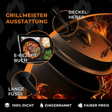 Dutch Oven Set 12L - Eingebrannter Dutch Oven 12 Liter - Feuertopf Gusseiserner Topf mit Füßen & mit praktischem Deckelheber [für 10-16 Personen]