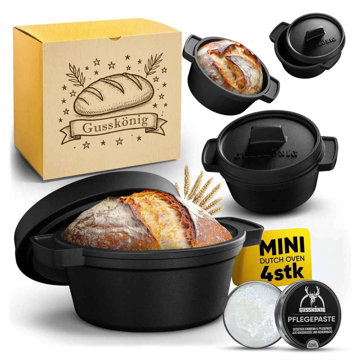 GUSSKÖNIG Gusseisen Topf Brot Backen mit Gärkörbchen – eingebrannte Brotbackform mit Deckel: 3L Topf & 1,5L Pfanne – Brottopf zum Backen–Brotbacktopf Set mit Rezeptbuch & Pflegepaste–30 Jahre Garantie
