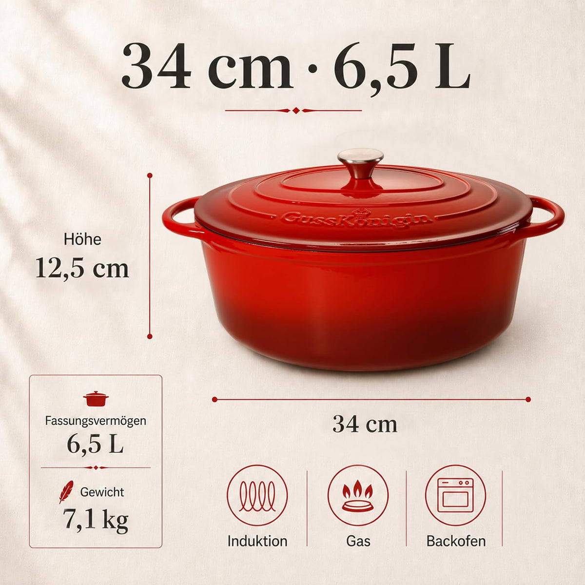 Bräter Gusseisen 34cm (XL)– Gusseisen-Topf & Schmortopf mit Deckel/Cocotte– Bräter & Schmortöpfe, Bräter mit Deckel backofengeeignet für Induktion & Ofen– inkl. Zubehör -30 jahr garantie