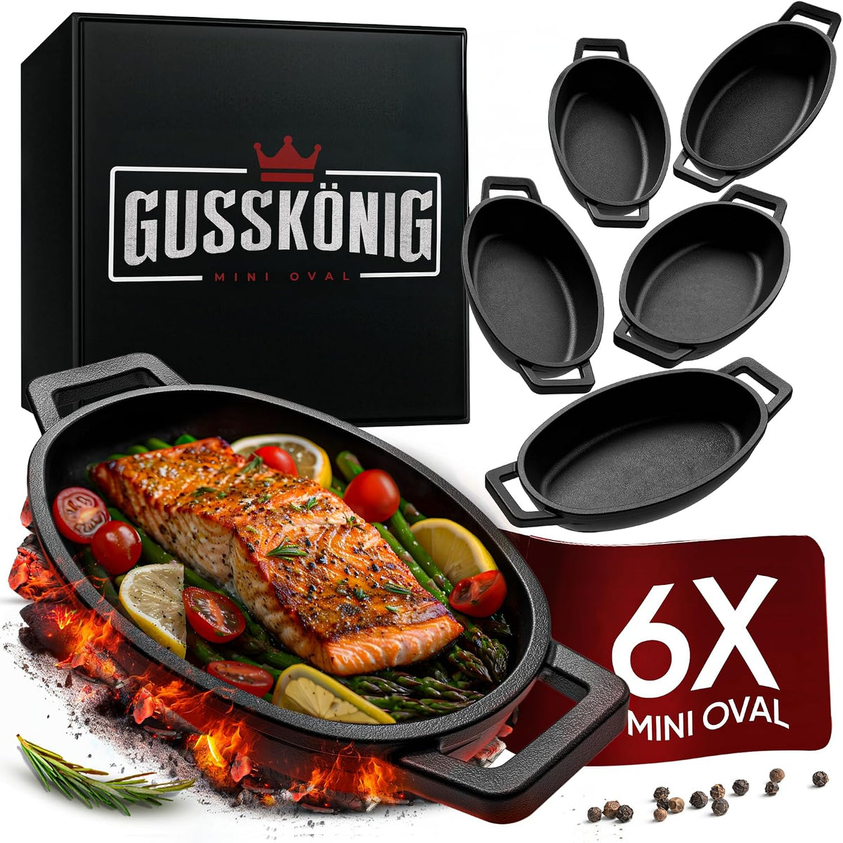 GUSSKÖNIG Mini Servierpfannen Set – 6 ovale Gusseisen Grillpfännchen für den Grill – Gusseisenpfanne klein 11 × 19 cm – eingebrannte Mini Pfannen – 30 Jahre Garantie