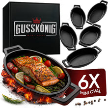 GUSSKÖNIG Mini Servierpfannen Set – 6 ovale Gusseisen Grillpfännchen für den Grill – Gusseisenpfanne klein 11 × 19 cm – eingebrannte Mini Pfannen – 30 Jahre Garantie