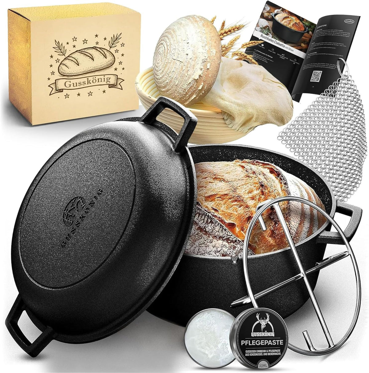 GUSSKÖNIG Gusseisen Topf Brot Backen mit Gärkörbchen – eingebrannte Brotbackform mit Deckel: 3L Topf & 1,5L Pfanne – Brottopf zum Backen–Brotbacktopf Set mit Rezeptbuch & Pflegepaste–30 Jahre Garantie