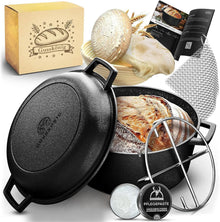 GUSSKÖNIG Gusseisen Topf Brot Backen mit Gärkörbchen – eingebrannte Brotbackform mit Deckel: 3L Topf & 1,5L Pfanne – Brottopf zum Backen–Brotbacktopf Set mit Rezeptbuch & Pflegepaste–30 Jahre Garantie