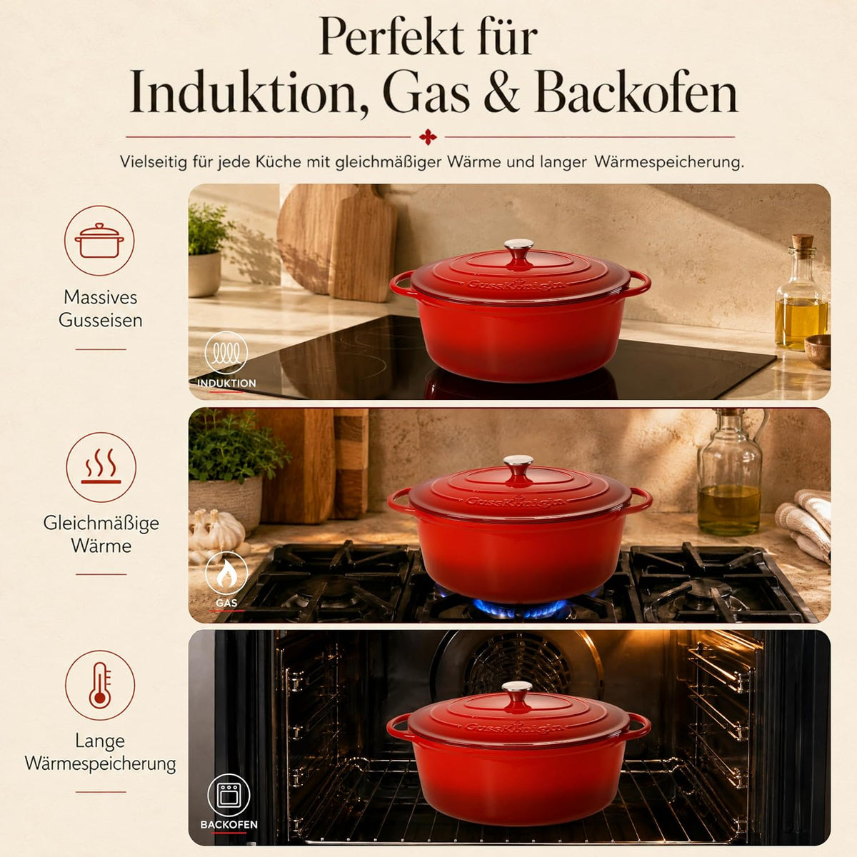Bräter Gusseisen 34cm (XL)– Gusseisen-Topf & Schmortopf mit Deckel/Cocotte– Bräter & Schmortöpfe, Bräter mit Deckel backofengeeignet für Induktion & Ofen– inkl. Zubehör -30 jahr garantie