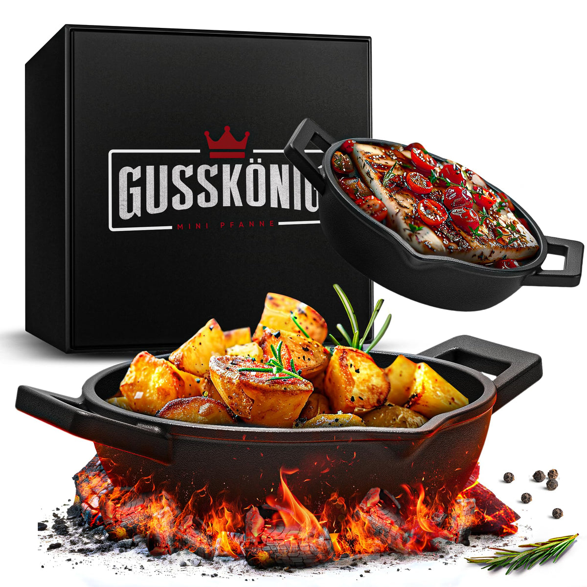GUSSKÖNIG Mini Servierpfannen Set – 6 ovale Gusseisen Grillpfännchen für den Grill – Gusseisenpfanne klein 11 × 19 cm – eingebrannte Mini Pfannen – 30 Jahre Garantie