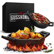 GUSSKÖNIG Mini Servierpfannen Set – 6 ovale Gusseisen Grillpfännchen für den Grill – Gusseisenpfanne klein 11 × 19 cm – eingebrannte Mini Pfannen – 30 Jahre Garantie