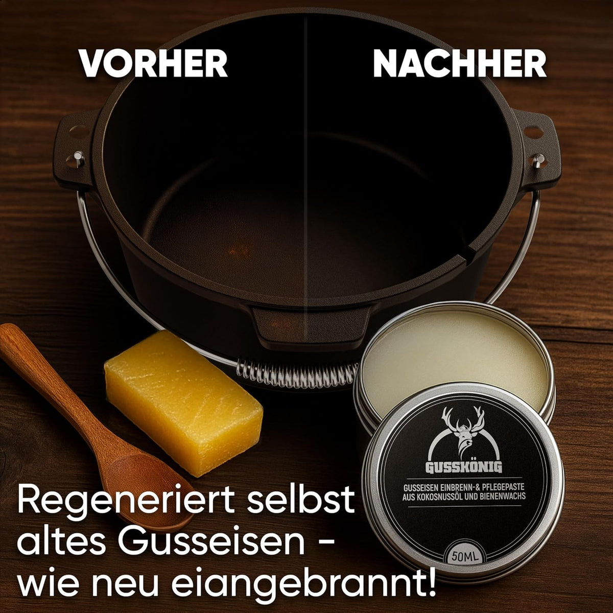 GUSSKÖNIG Pflege- & Einbrennpaste für Dutch Oven, Pfannen & Grill | 100% Natürliche Pflege mit Bienenwachs & Kokosöl | Schutz & Patinaaufbau für Gusseisen | 50 ml Dose