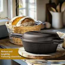 GUSSKÖNIG Gusseisen Topf Brot Backen mit Gärkörbchen – eingebrannte Brotbackform mit Deckel: 3L Topf & 1,5L Pfanne – Brottopf zum Backen–Brotbacktopf Set mit Rezeptbuch & Pflegepaste–30 Jahre Garantie