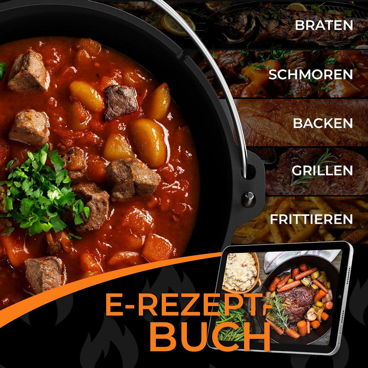 Dutch Oven Set 12L - Eingebrannter Dutch Oven 12 Liter - Feuertopf Gusseiserner Topf mit Füßen & mit praktischem Deckelheber [für 10-16 Personen]