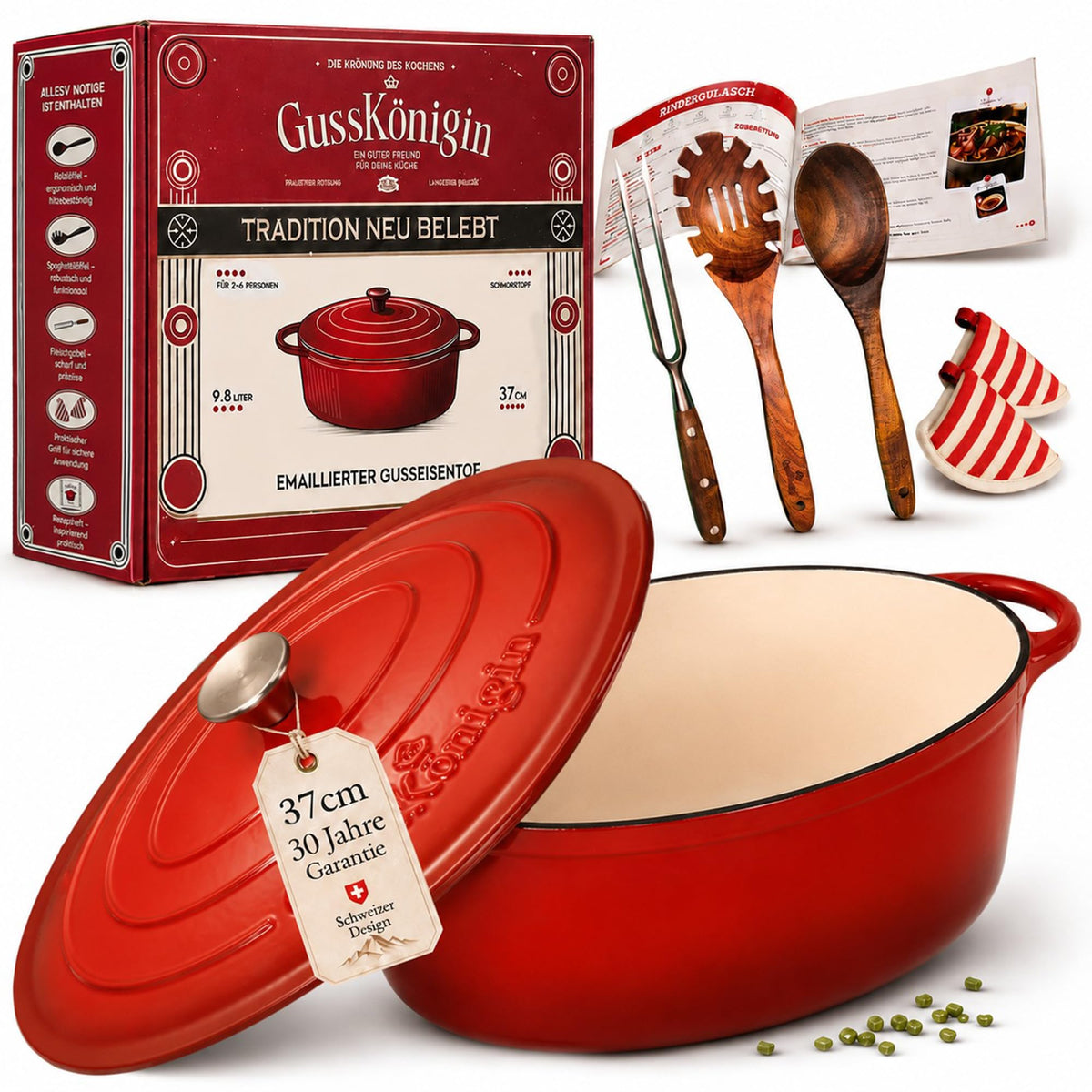 Bräter Gusseisen 34cm (XL)– Gusseisen-Topf & Schmortopf mit Deckel/Cocotte– Bräter & Schmortöpfe, Bräter mit Deckel backofengeeignet für Induktion & Ofen– inkl. Zubehör -30 jahr garantie