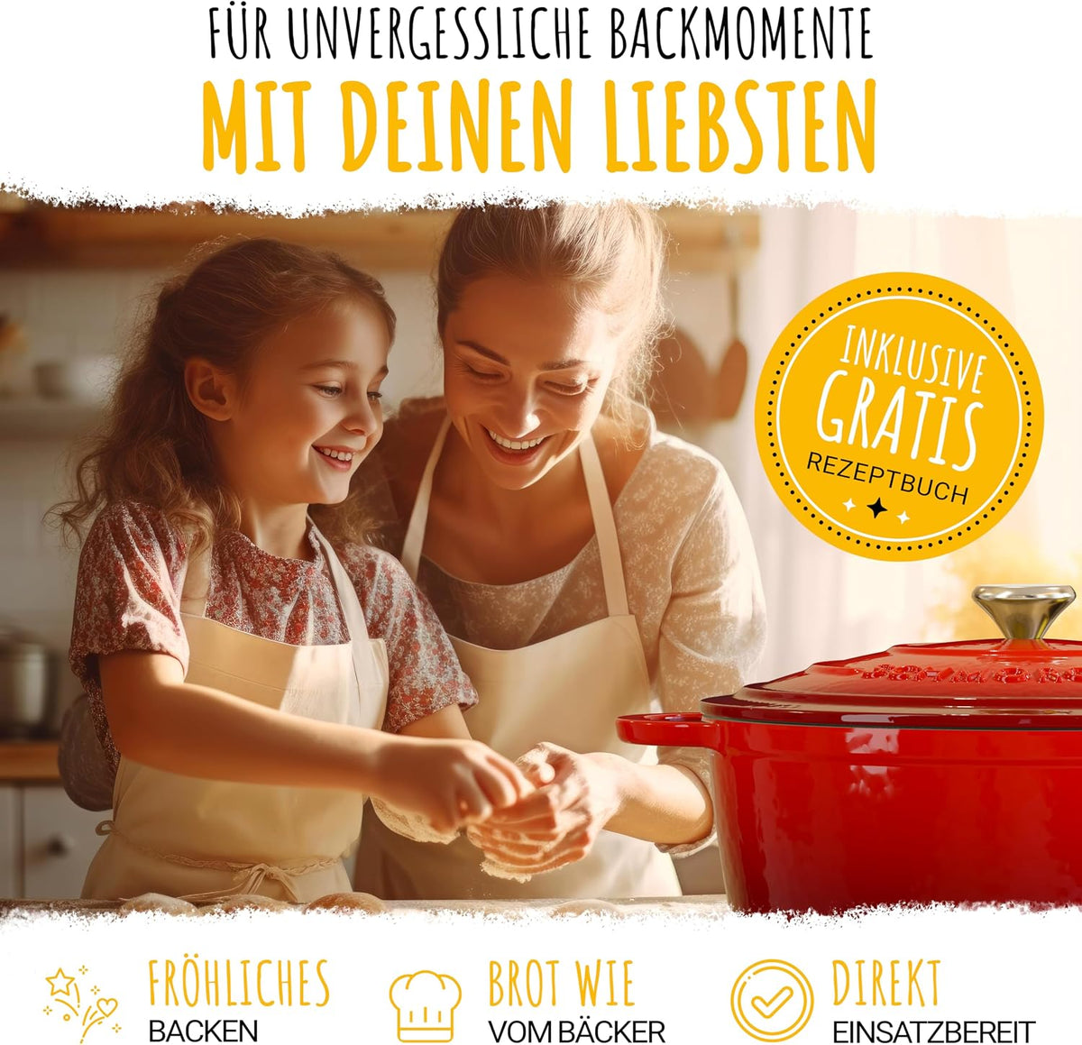 Brotbackform 26cm inkl. Gärkorb - Gusseisen Topf zum Brot Backen - emaille Topf, Schmortopf Gusseisen, Brottopf, Brot Backen Zubehör