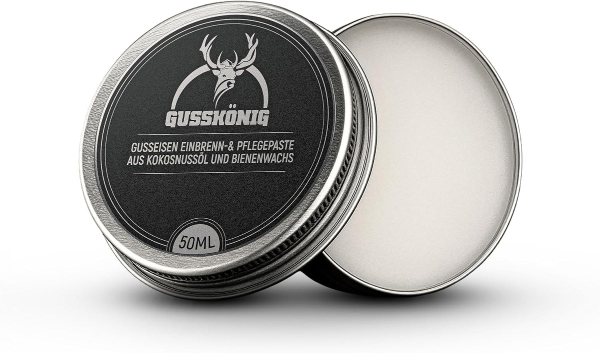 GUSSKÖNIG Pflege- & Einbrennpaste für Dutch Oven, Pfannen & Grill | 100% Natürliche Pflege mit Bienenwachs & Kokosöl | Schutz & Patinaaufbau für Gusseisen | 50 ml Dose