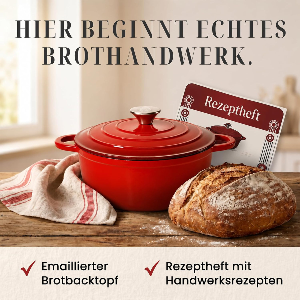 Brottopf 24 cm – Gusseisen Topf Brot Backen als Dutch Oven – Emaille Brotbacktopf & Brotbackform – Bratentopf/Schmortopf mit Deckel für Induktion – Gadgets für Bäcker - 30 Jahre Garantie